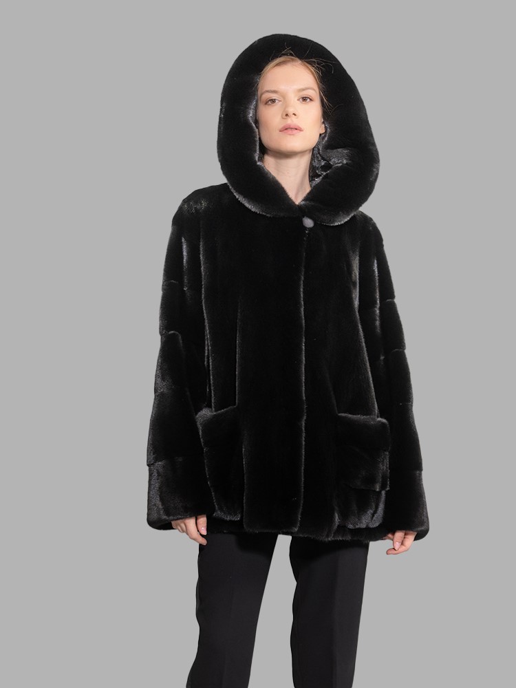 Hooded Real Black Mink Fur Jacket Parka - Finezza Fur