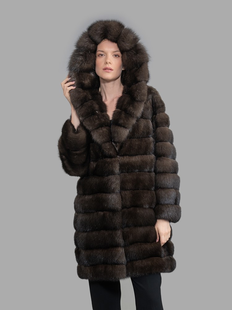 With　Women's　Luxury　Sable　Finezza　Coat　Fur　Hood　Winter　Fur