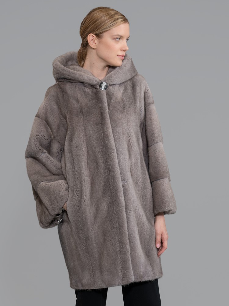 Silver Blue Full Skin Mink Fur Jacket With Hood Real Mink Fur 