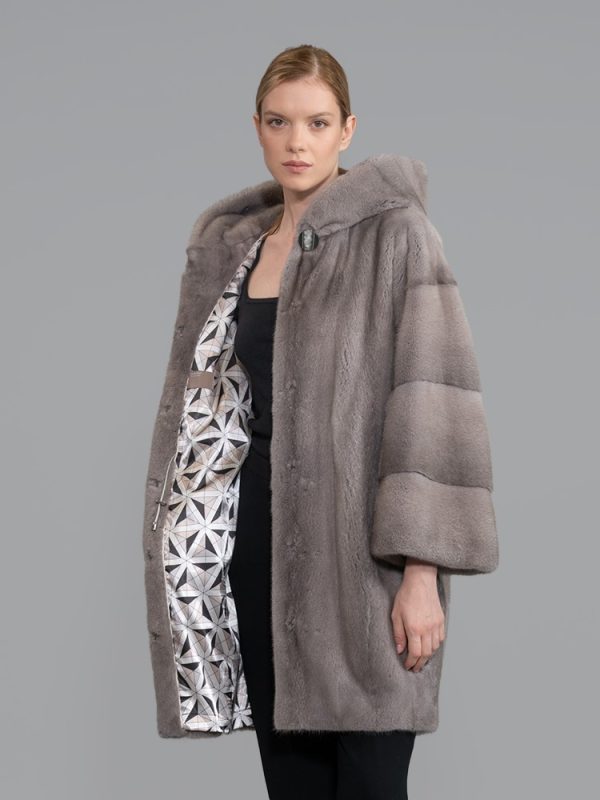 Silver Blue Full Skin Mink Fur Jacket With Hood Real Mink Fur