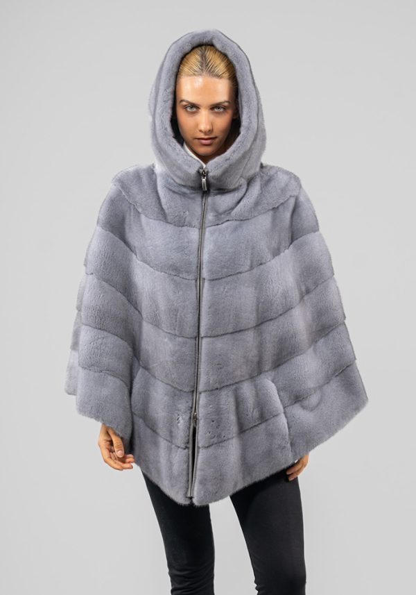 Hooded Mink Fur Poncho Saphire With Zip