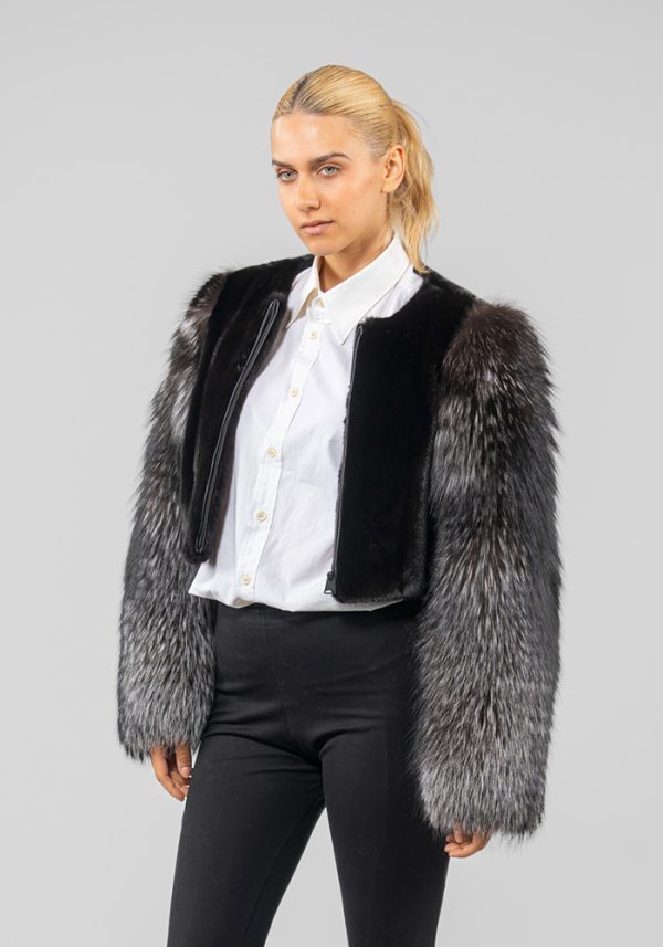 Collarless Black Mink Fur Jacket With Fox Sleeves