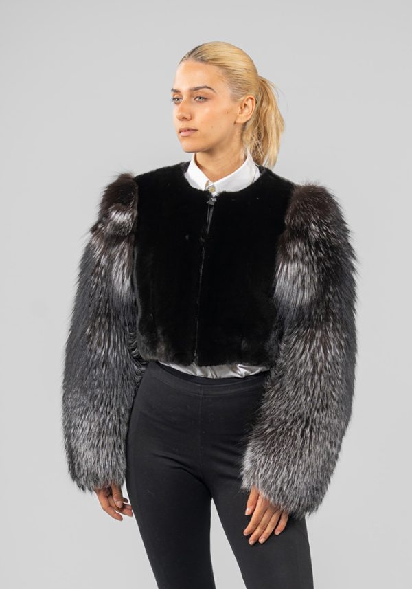 Collarless Black Mink Fur Jacket With Fox Sleeves