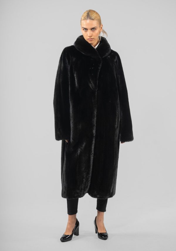 Full Length Black Mink fur Coat With Wide Collar